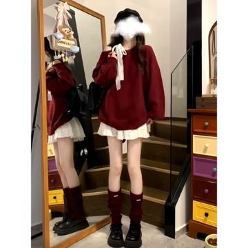 美式甜辣露肩新年穿搭紅色毛衣女秋冬新款寬松針織衫短裙復古套裝
