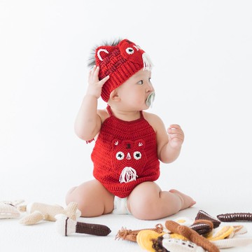 獨家設計針織虎衣三件組-紅色 | 抓周虎衣 | 周歲派對