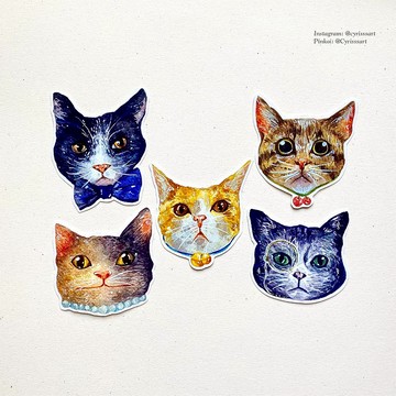 【手繪水彩系列】大頭貓亮面貼紙 全五款