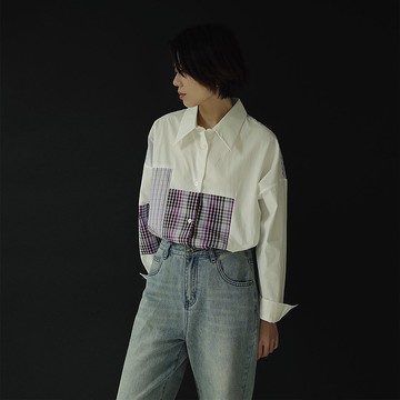 紫色格紋拼接白襯衫