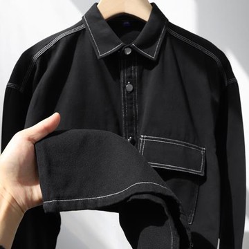 黑色重磅雙口袋金屬扣工裝襯衫男 潮流寬松休閑純棉翻領長袖外套