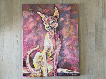 埃及粉紅獅身人面像貓。 拉伸帆布上的原創油畫。