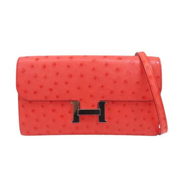 【二手名牌BRAND OFF】HERMES 愛馬仕 紅色 鴕鳥皮 Constance To Go 肩背包 銀扣