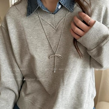 蝴蝶結吊墜抽拉項鏈女款韓系長款裝飾毛衣鏈銀色小眾高級感配飾品