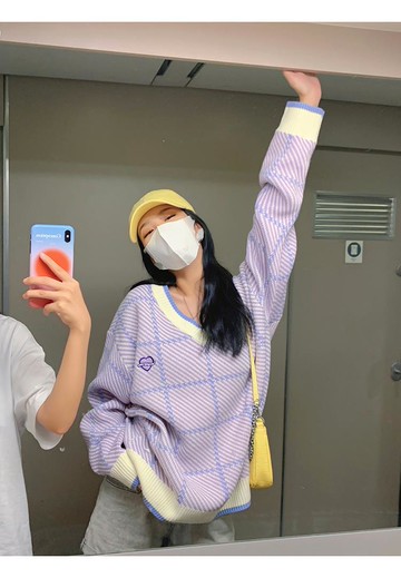 毛衣上衣紫色V領軟糯女寬松慵懶風顯瘦時尚百搭春秋新款