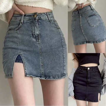 大美妞★現+貨 牛仔短裙 牛仔包臀裙 彈力牛仔半身褲裙 高腰短裙 a字短裙 開叉牛仔包臀裙