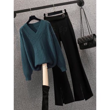 2026秋冬季新款大碼女胖mm法式遮肚V領針織毛衣顯瘦高級感套裝褲