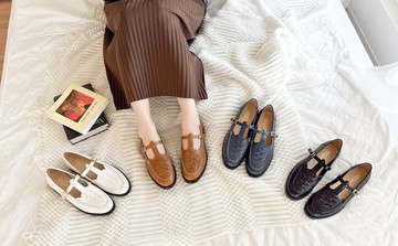 花與愛麗絲! 編織繫帶瑪莉珍鞋 棕 全真皮 MIT -赤朽葉