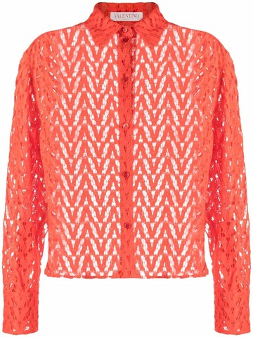 Valentino Garavani - logo-woven lace shirt - women - Cotton/Viscose/Polyamide - 38 - Orange