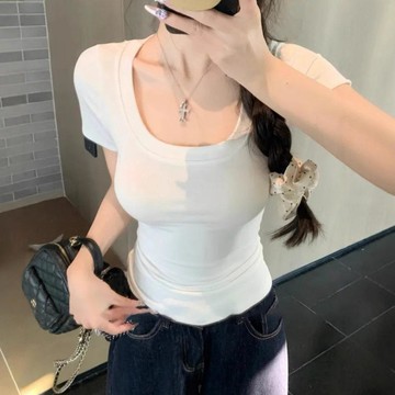 🔥臺灣現貨免運🔥設計感純色正肩U領短袖T恤顯瘦夏日辣妹風收腰修身打底百搭上衣潮