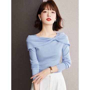 阿瑪施哥弟正2025春秋新款韓版修身方領蝴蝶結長袖針織打底衫女