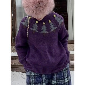 (免運)冬季復古氣質減齡溫柔風圓領寬松慵懶風針織上衣深紫色費爾島毛衣