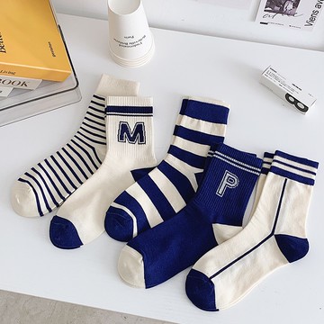 藍色襪子 女士中筒襪 百搭運動棉襪 潮流襪P字母條紋長襪