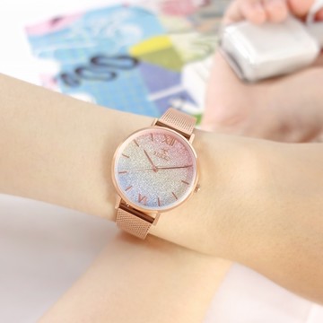 MIRRO 米羅 / 漸層星沙 藍寶石水晶玻璃 米蘭編織不鏽鋼手錶-彩虹x鍍玫瑰金/32mm