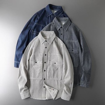 阿美咔嘰美式復古牛仔襯衫外套男日系外貿出口原尾單男裝條紋襯衣