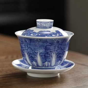 愛賞手繪青花陶瓷蓋碗茶杯功夫茶具套裝泡茶器家用中式百財茶碗