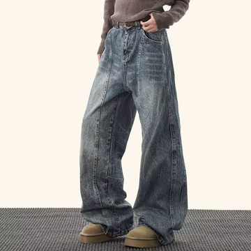 韓版高腰直筒闊腿牛仔褲男新款垂墜拖地做舊休閒闊腿寬鬆褲男