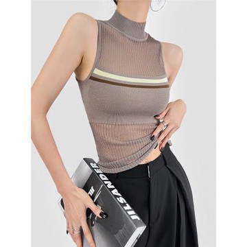 DOUBLE Z 半高領辣妹工裝鏤空透視針織背心女修身顯瘦無袖打底衫