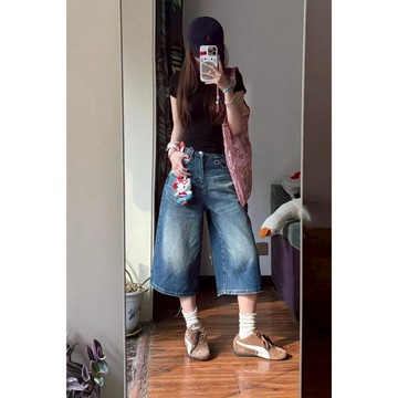 Chubchic✨隔日達 7分牛仔褲女 女生牛仔短褲 闊腿牛仔褲女春夏季新款美式復古寬鬆顯瘦直筒廓形七分褲