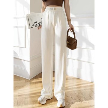 夏季女裝韓版新款寬松直筒松緊高腰闊腿褲顯瘦休閑垂感拖地長褲子