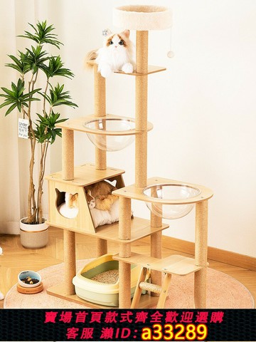 {可打統編 超低價}[香港包郵]貓爬架貓窩貓樹一體實木太空艙通天柱貓架子貓咪用品大