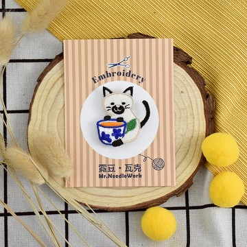 【刺繡】貓咪 x 美食 | 胸針 | 別針 | 貼紙 | 綠茶 | 茶