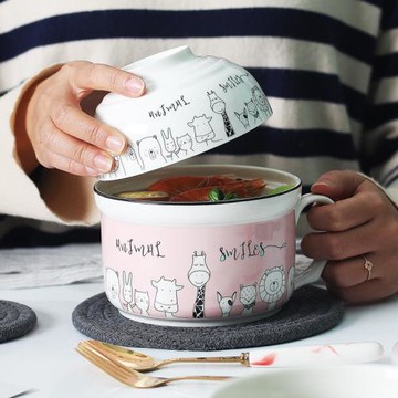 卡通便當飯盒早餐杯可微波爐帶蓋把宿舍陶瓷保鮮粥湯面杯碗耐高溫