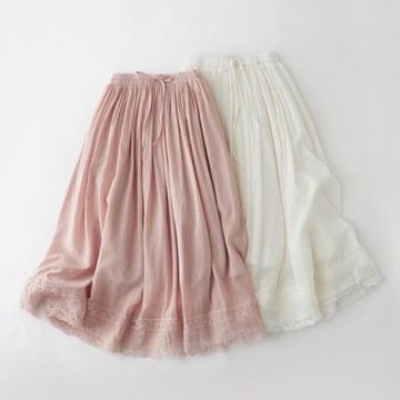 夏季寬松日系甜美蕾絲花邊拼接半身裙女顯瘦a字松緊腰系帶長裙子