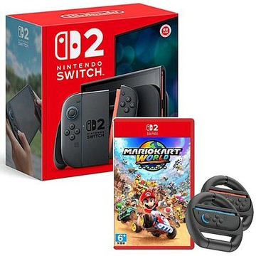 任天堂 Switch2主機+瑪利歐賽車 世界+賽車手把方向盤 (主機收納包+保護貼+類