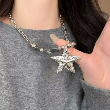 【臺灣有貨】重工釘珠星星Y2k哥特風串珠項鏈簡約中性高級感嘻哈鈦鋼毛衣鏈