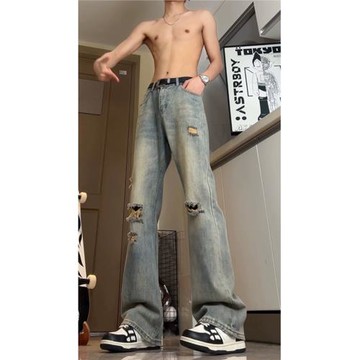 復古藍破洞牛仔褲男高腰夏季古著vintage褲子美式vibe彎刀微喇褲