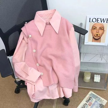 春季襯衫兩件套2025年 馬甲洋氣潮背心新款Polo領 糖果色無袖套裝針織女裝 日系女裝 時尚套裝 小香風女裝 韓國女裝