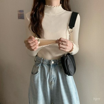 半高領毛衣女百搭貼身中領內搭洋氣木耳邊長袖打底針織衫上衣 半高領長袖針織上衣 秋冬保暖打底衫 秋冬內搭 針織衫 長袖上衣