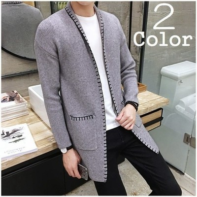 メンズ ロングカーディガン ニットカーディガン 長袖 ポケット付き ミディ丈 ミディアム丈 ミドル丈 サイドスリット 羽織り ステッチ ボタン無し 通販 Lineポイント最大get Lineショッピング