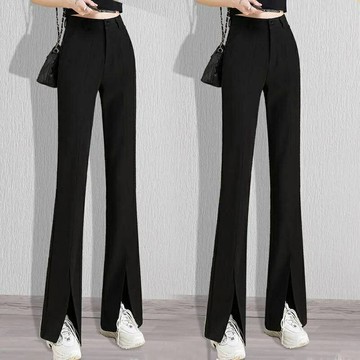 FUXI 前開衩喇叭褲 黑色西裝褲 高腰垂感闊腿褲 直筒褲 休閒長褲 長褲女 黑褲子