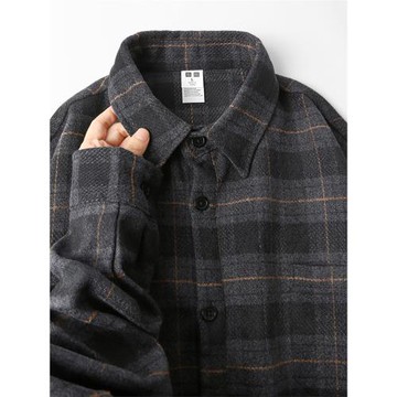 偏執者 美式復古灰色格子襯衫男 寬松休閑毛呢襯衣休閑外套上衣秋