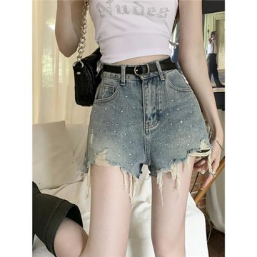 辣妹燙鉆破洞高腰牛仔短褲女2025新款美式熱辣高腰A字闊腿熱褲夏