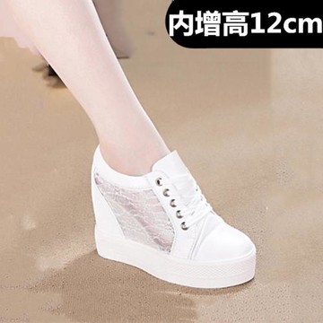 網面小白鞋內增高12CM夏透氣網布鞋厚底坡跟黑色單鞋輕便旅游鞋女