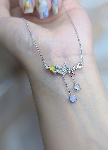 招財•貴人•桃花•成功|冰玻黃白紫翡花園|緬甸A貨翡翠純銀項鍊