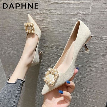 達芙妮高跟鞋女細跟2024年爆款春秋水鉆方扣法式少女氣質尖頭單鞋