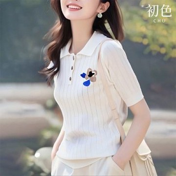 初色 休閒風柔軟純色翻領短袖針織衫上衣女上衣-白色-12855(F可選)