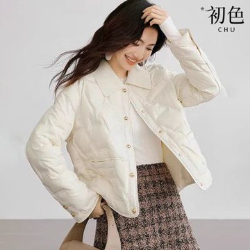初色 小香風寬鬆排扣拼接針織領翻領長袖棉服夾克科技保暖纖維外套女外套-共3色-17269(M/L可選)