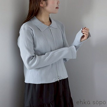 【ehka sopo】羅紋袖開岔翻領雙頭拉鍊開襟衫