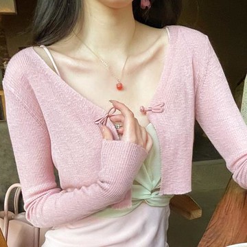 法式復古V領針織防曬開衫薄款女夏季披肩吊帶外搭罩衫短款小坎肩