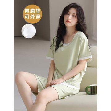 免文胸自帶胸墊一體莫代爾睡衣女夏季短袖短褲夏天女生家居服套裝