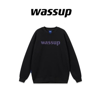 WASSUP美式復古字母男女圓領衛秋冬休閑慵懶寬松情侶款套頭上衣