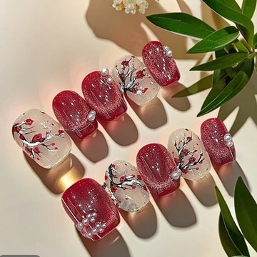 🌸纯手工甲🌸純手工臘梅國風手繪冬日氛圍顯白穿戴可拆卸美甲貼片高階短款