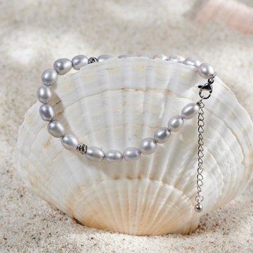 天然灰色米型淡水珍珠手鍊 銀色延長鏈 6-7mm  簡約時尚 情人節禮