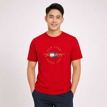 TOMMY 熱銷印刷文字Logo圖案短袖T恤-紅色