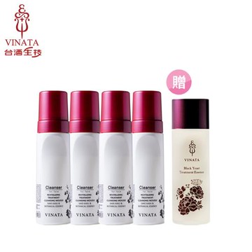 【台酒生技】全效潔淨保濕柔嫩組(舒緩卸洗慕絲180ml*4加贈黑酵母青春露120ml*1)